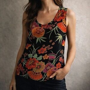 Mirasol Floral Sleeveless Top Stretch artwear Black Orange Pink Size Medium